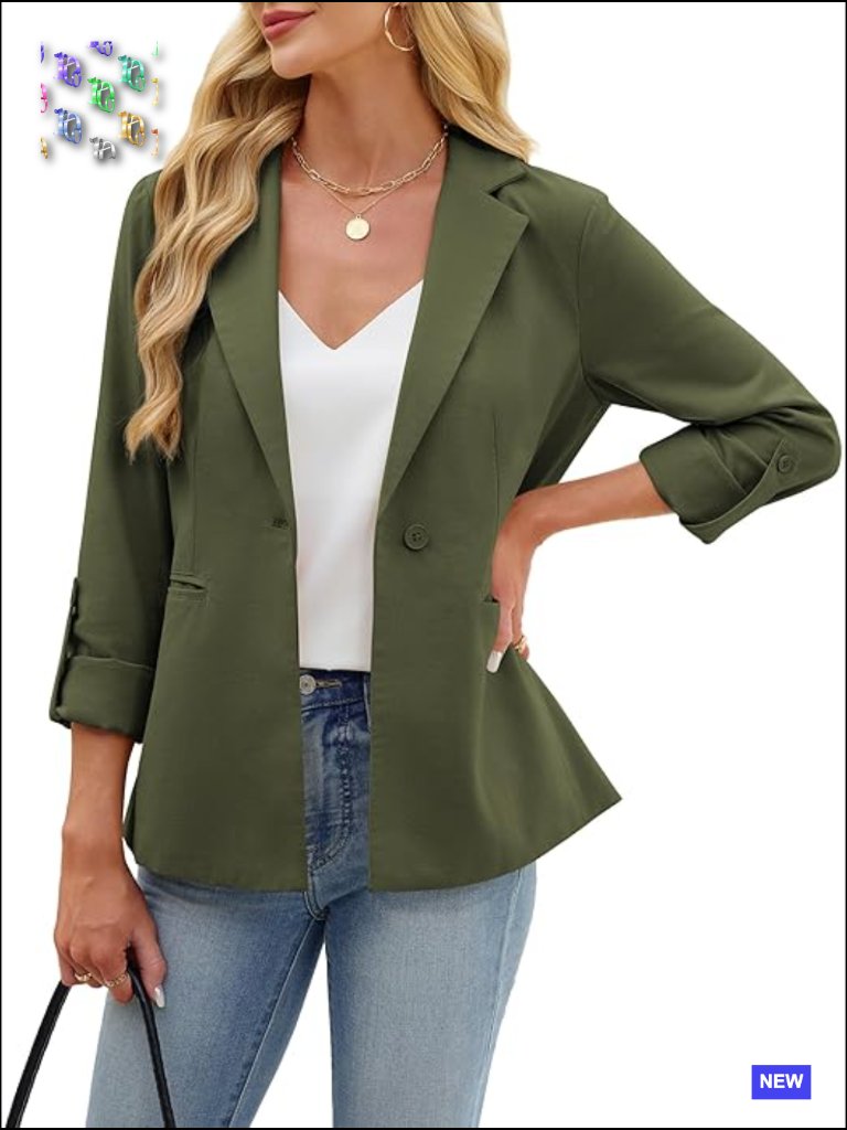 Linen Cotton Blazer Open Front Rolled Sleeve Work Office Suit Jacket Chic